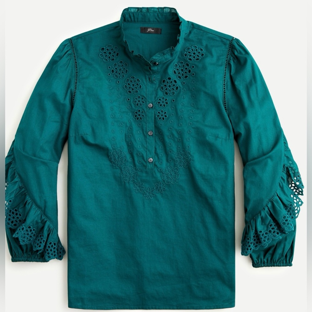 J.Crew Ruffle-sleeve top with embroidered eyelet details deep teal sz L NWT